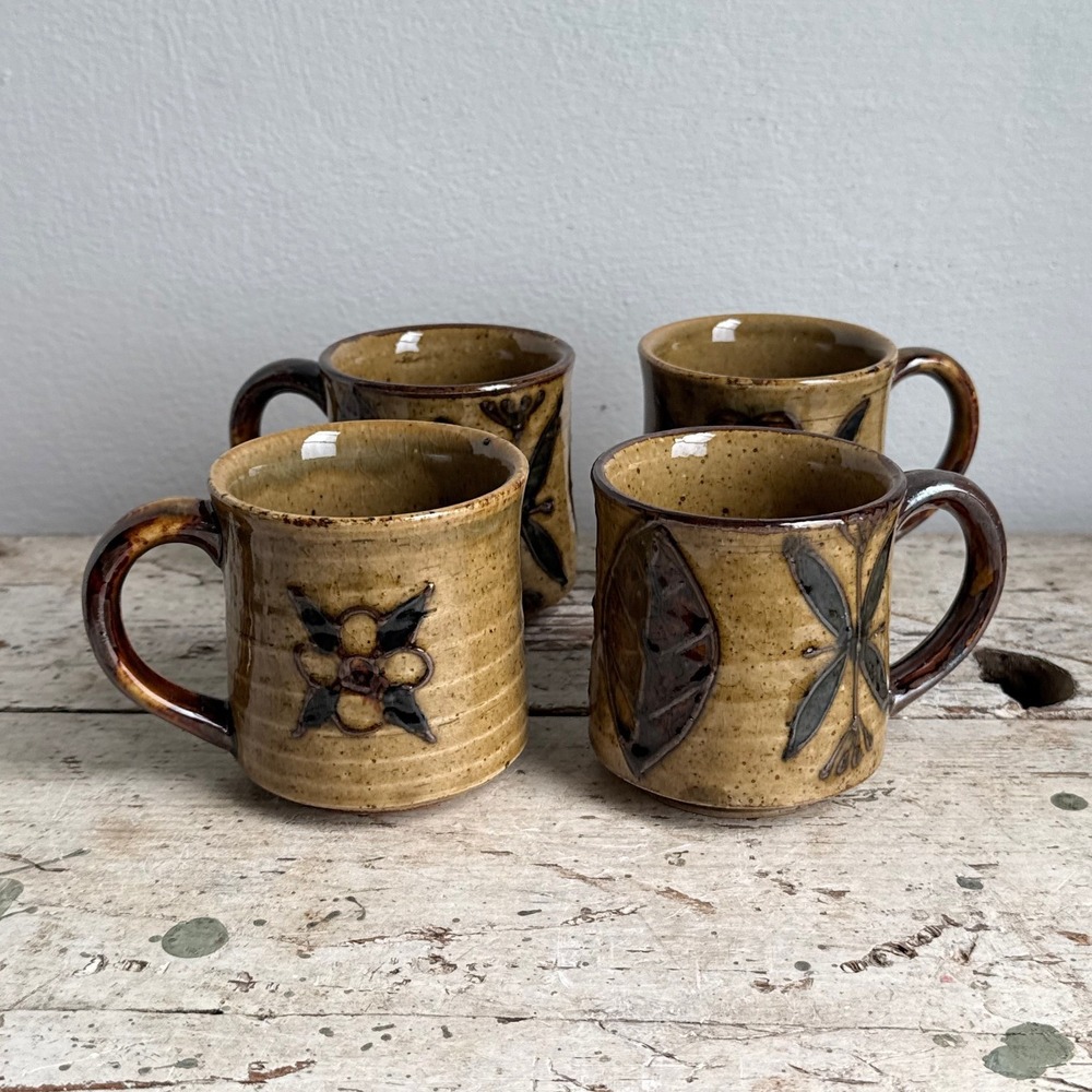 Vintage Otagiri Japan Speckled Stoneware Floral Mugs Set of 4 Brown Tan Rustic
